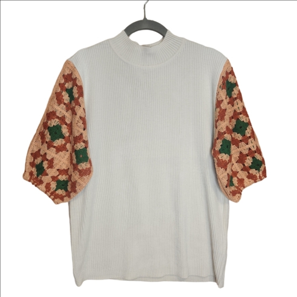 GRANNY SQUARE AFGHAN STITCH SHORT SLEEVE MOCK NECK SWEATER SIZE LARGE EUC